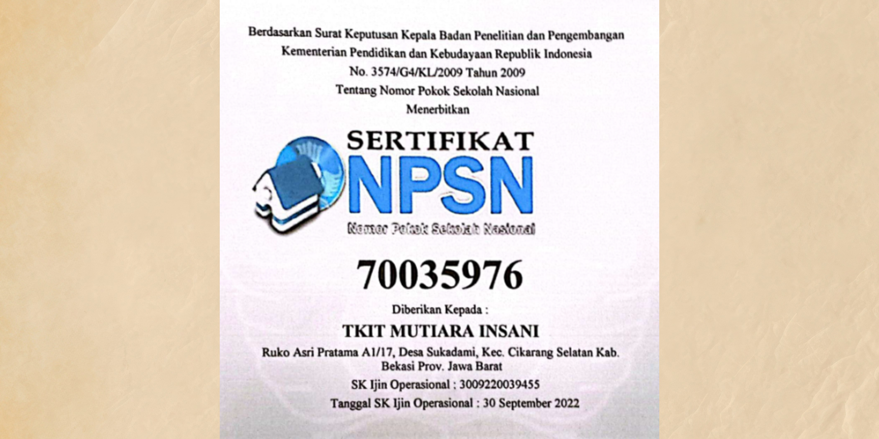 Sertifikat NPSN TKIT MUTIARA INSANI